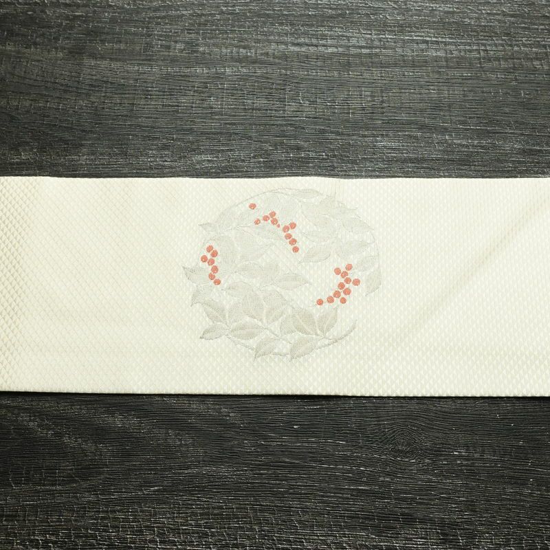 名古屋帯 太鼓柄 美品 落款入り 正絹 木の葉・植物柄 名古屋仕立て なごや帯 リサイクル帯 帯 シンプル_画像14