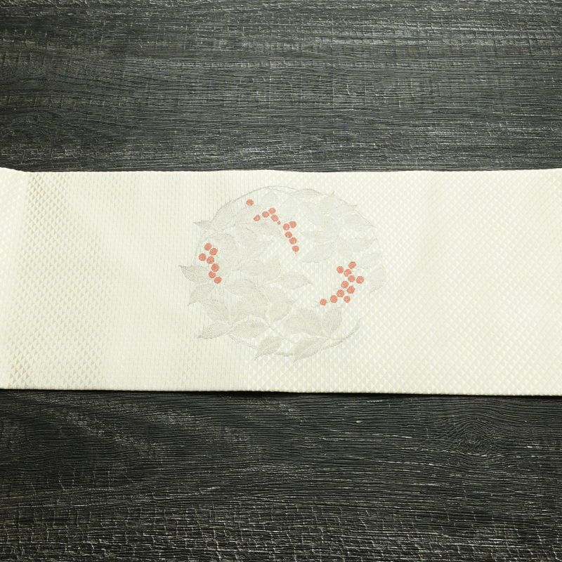 名古屋帯 太鼓柄 美品 落款入り 正絹 木の葉・植物柄 名古屋仕立て なごや帯 リサイクル帯 帯 シンプル_画像15