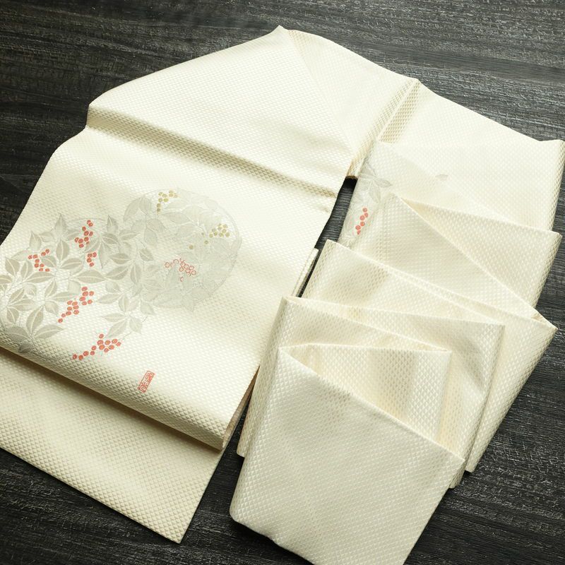 名古屋帯 太鼓柄 美品 落款入り 正絹 木の葉・植物柄 名古屋仕立て なごや帯 リサイクル帯 帯 シンプル_画像17