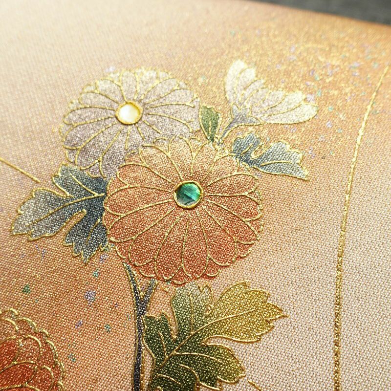 名古屋帯 螺鈿箔 太鼓柄 良品 しつけ糸付き 正絹 花柄 名古屋仕立て なごや帯 リサイクル帯 帯 箔 金彩 ベージュ_画像4