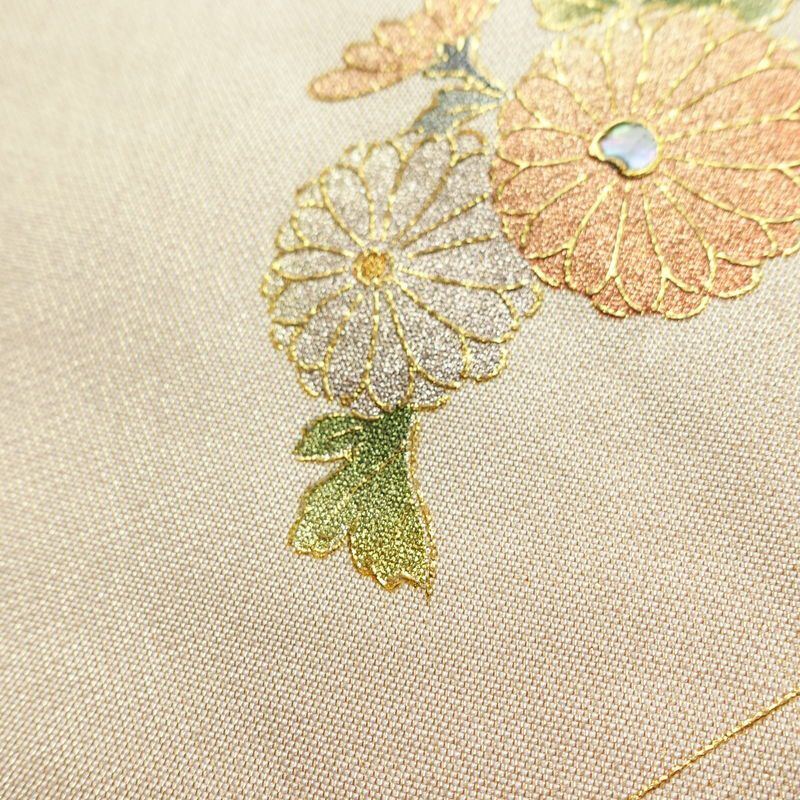 名古屋帯 螺鈿箔 太鼓柄 良品 しつけ糸付き 正絹 花柄 名古屋仕立て なごや帯 リサイクル帯 帯 箔 金彩 ベージュ_画像6