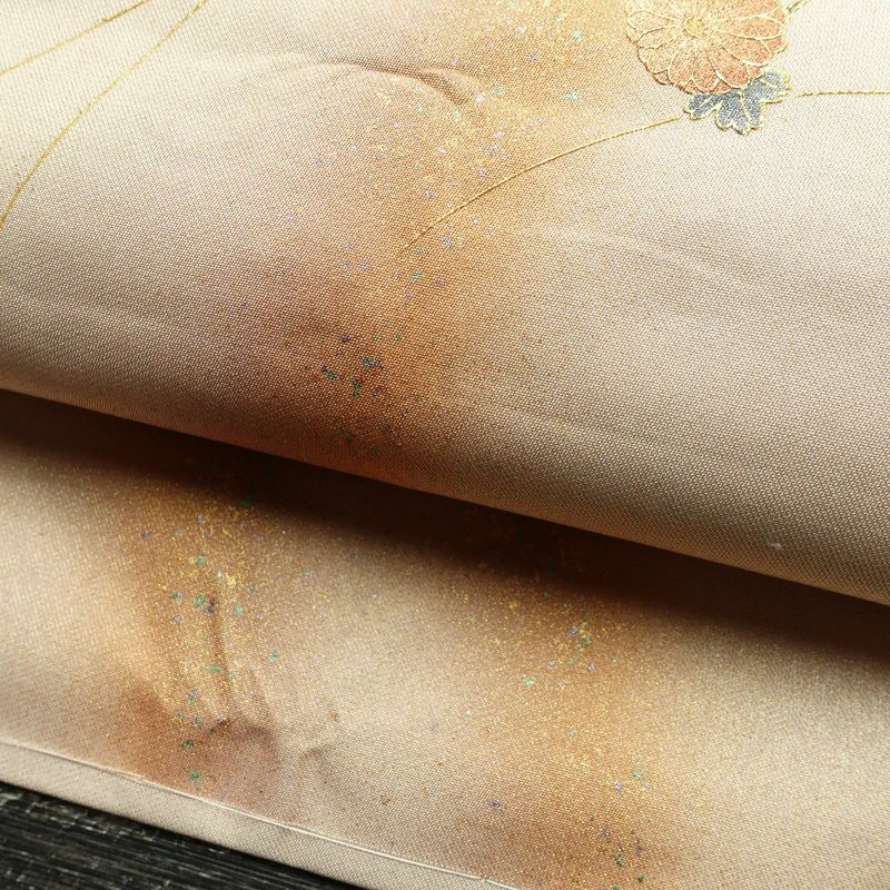 名古屋帯 螺鈿箔 太鼓柄 良品 しつけ糸付き 正絹 花柄 名古屋仕立て なごや帯 リサイクル帯 帯 箔 金彩 ベージュ_画像7