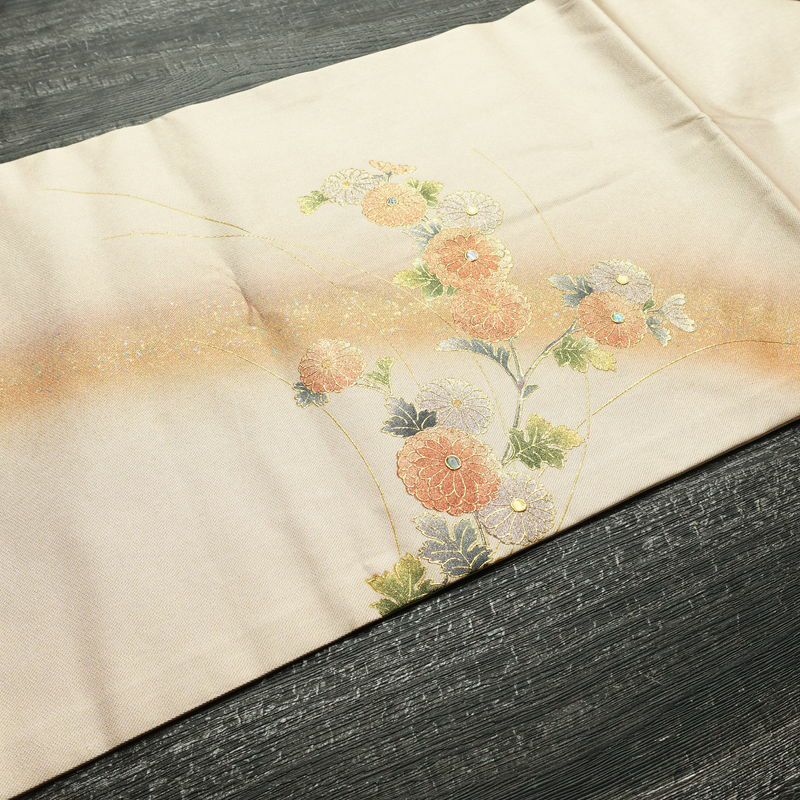 名古屋帯 螺鈿箔 太鼓柄 良品 しつけ糸付き 正絹 花柄 名古屋仕立て なごや帯 リサイクル帯 帯 箔 金彩 ベージュ_画像11