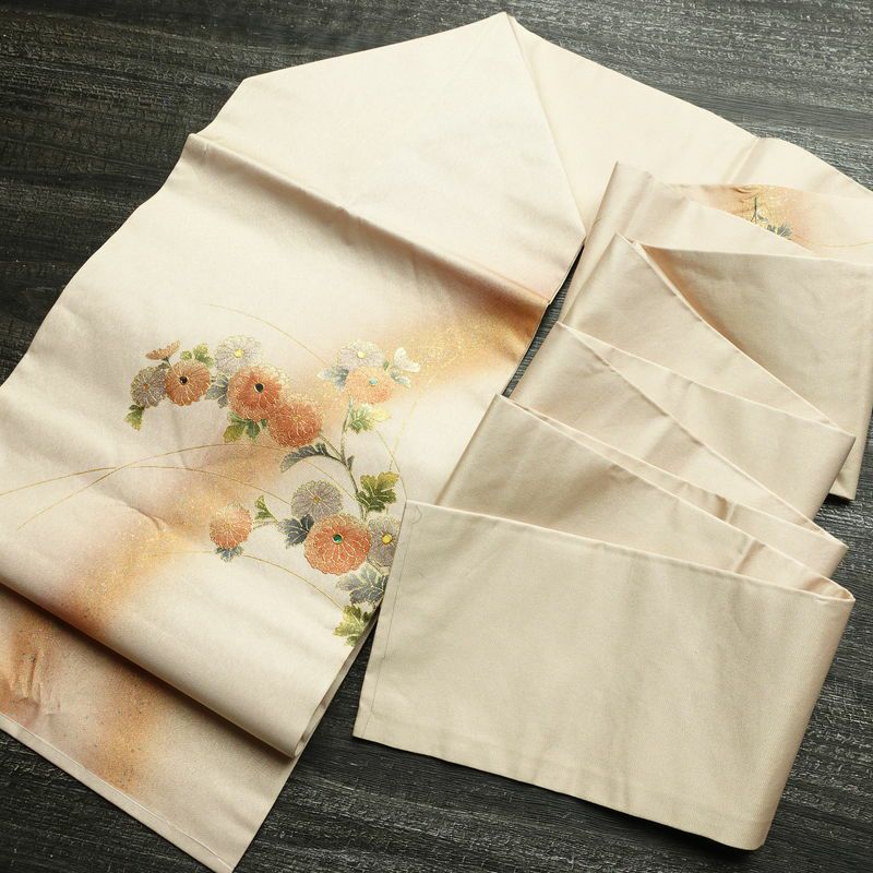 名古屋帯 螺鈿箔 太鼓柄 良品 しつけ糸付き 正絹 花柄 名古屋仕立て なごや帯 リサイクル帯 帯 箔 金彩 ベージュ_画像17