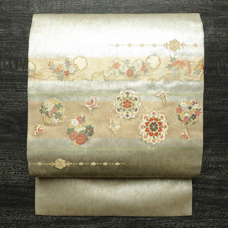 名古屋帯 青銅箔 太鼓柄 良品 正絹 蝶・昆虫柄 名古屋仕立て なごや帯 リサイクル帯 帯 箔 シンプル 金・銀_画像1