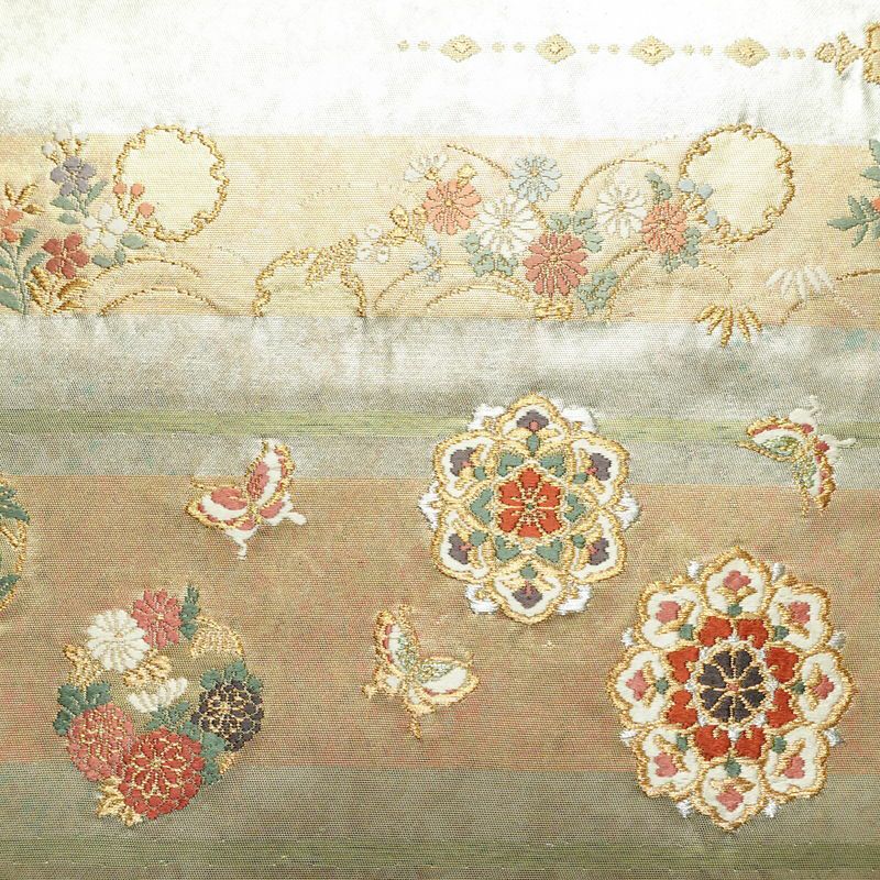 名古屋帯 青銅箔 太鼓柄 良品 正絹 蝶・昆虫柄 名古屋仕立て なごや帯 リサイクル帯 帯 箔 シンプル 金・銀_画像2