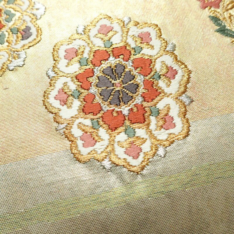 名古屋帯 青銅箔 太鼓柄 良品 正絹 蝶・昆虫柄 名古屋仕立て なごや帯 リサイクル帯 帯 箔 シンプル 金・銀_画像3