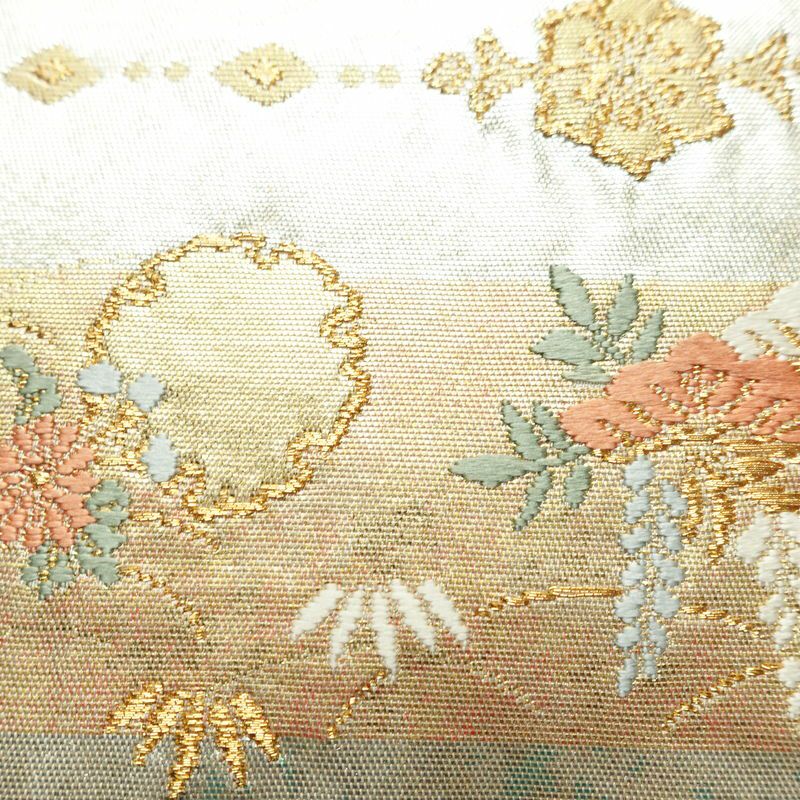 名古屋帯 青銅箔 太鼓柄 良品 正絹 蝶・昆虫柄 名古屋仕立て なごや帯 リサイクル帯 帯 箔 シンプル 金・銀_画像4