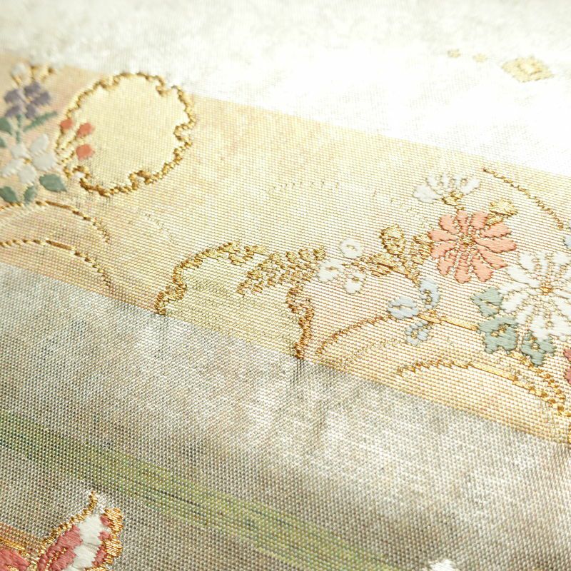 名古屋帯 青銅箔 太鼓柄 良品 正絹 蝶・昆虫柄 名古屋仕立て なごや帯 リサイクル帯 帯 箔 シンプル 金・銀_画像5