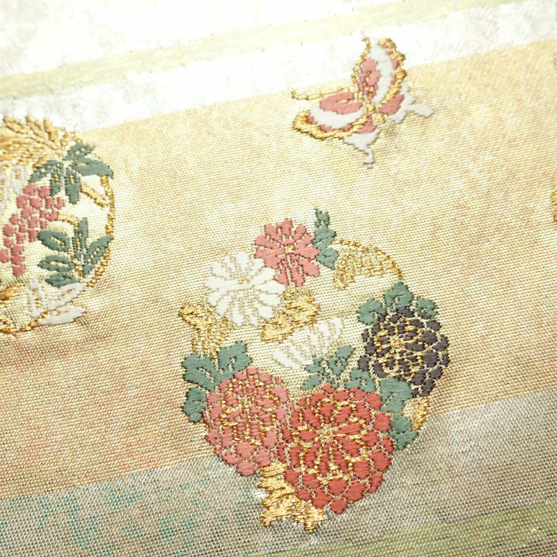 名古屋帯 青銅箔 太鼓柄 良品 正絹 蝶・昆虫柄 名古屋仕立て なごや帯 リサイクル帯 帯 箔 シンプル 金・銀_画像6