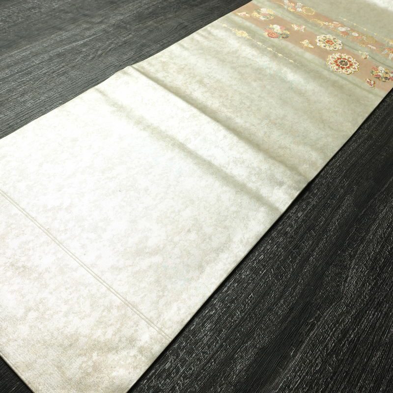 名古屋帯 青銅箔 太鼓柄 良品 正絹 蝶・昆虫柄 名古屋仕立て なごや帯 リサイクル帯 帯 箔 シンプル 金・銀_画像8