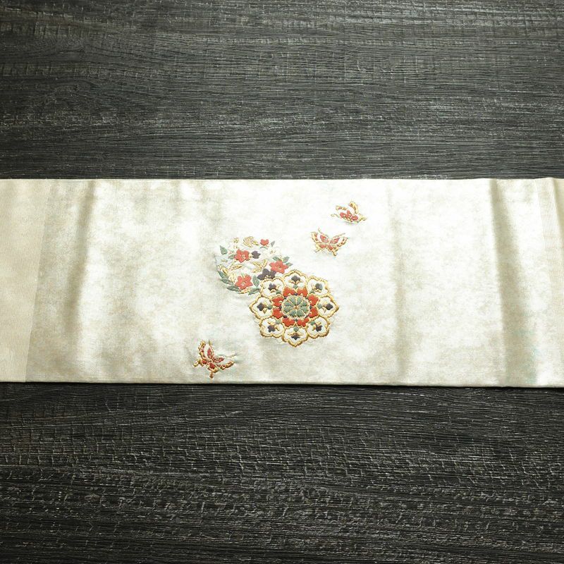 名古屋帯 青銅箔 太鼓柄 良品 正絹 蝶・昆虫柄 名古屋仕立て なごや帯 リサイクル帯 帯 箔 シンプル 金・銀_画像13