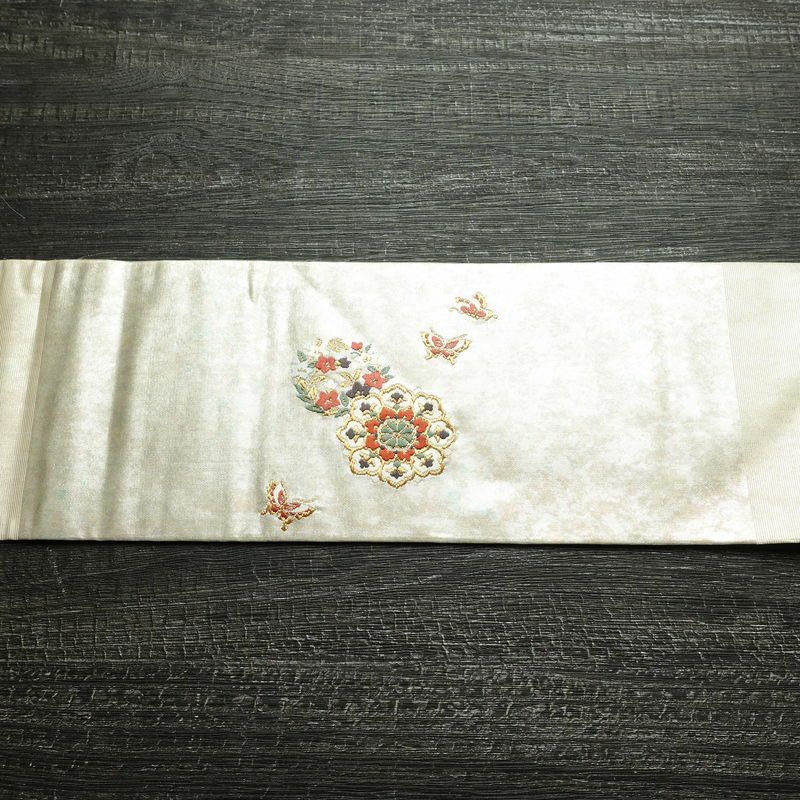 名古屋帯 青銅箔 太鼓柄 良品 正絹 蝶・昆虫柄 名古屋仕立て なごや帯 リサイクル帯 帯 箔 シンプル 金・銀_画像14