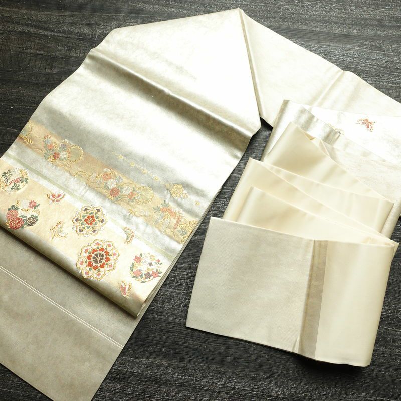 名古屋帯 青銅箔 太鼓柄 良品 正絹 蝶・昆虫柄 名古屋仕立て なごや帯 リサイクル帯 帯 箔 シンプル 金・銀_画像18