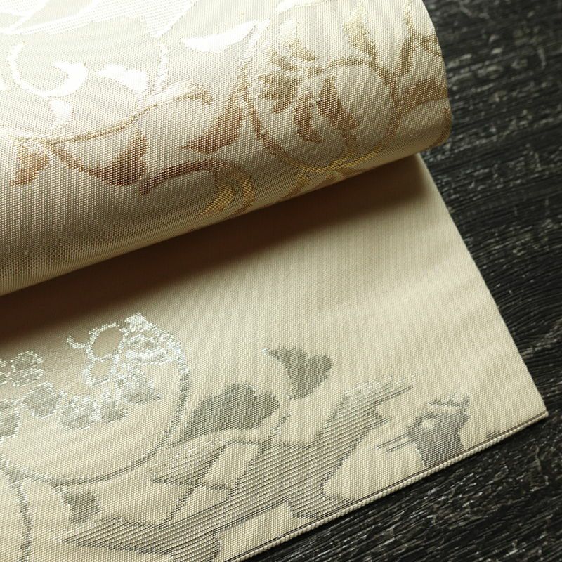 名古屋帯 六通柄 正絹 幾何学柄・抽象柄 名古屋仕立て なごや帯 リサイクル帯 帯 箔 モダン クリーム_画像8