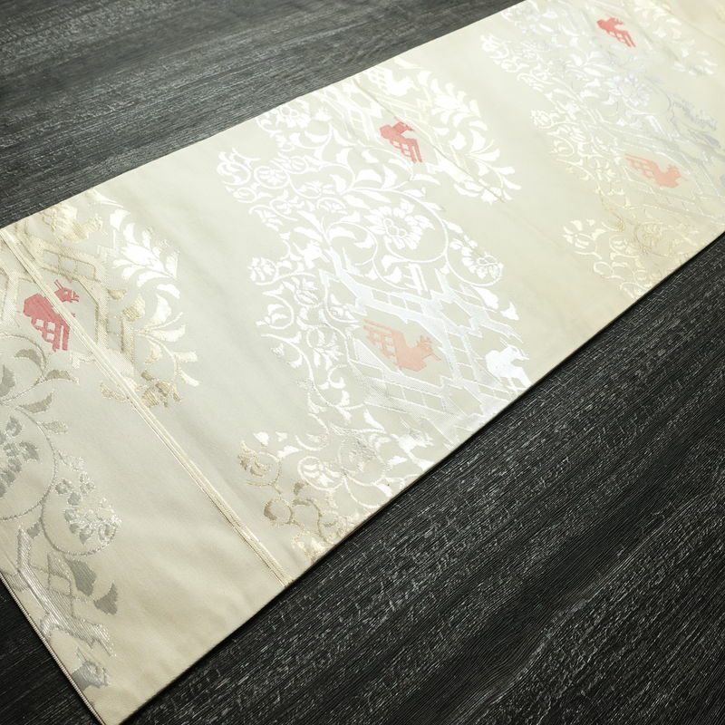 名古屋帯 六通柄 正絹 幾何学柄・抽象柄 名古屋仕立て なごや帯 リサイクル帯 帯 箔 モダン クリーム_画像9