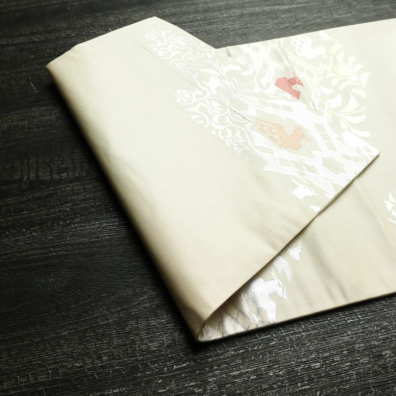 名古屋帯 六通柄 正絹 幾何学柄・抽象柄 名古屋仕立て なごや帯 リサイクル帯 帯 箔 モダン クリーム_画像10