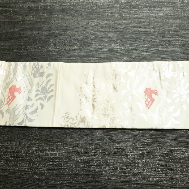 名古屋帯 六通柄 正絹 幾何学柄・抽象柄 名古屋仕立て なごや帯 リサイクル帯 帯 箔 モダン クリーム_画像14