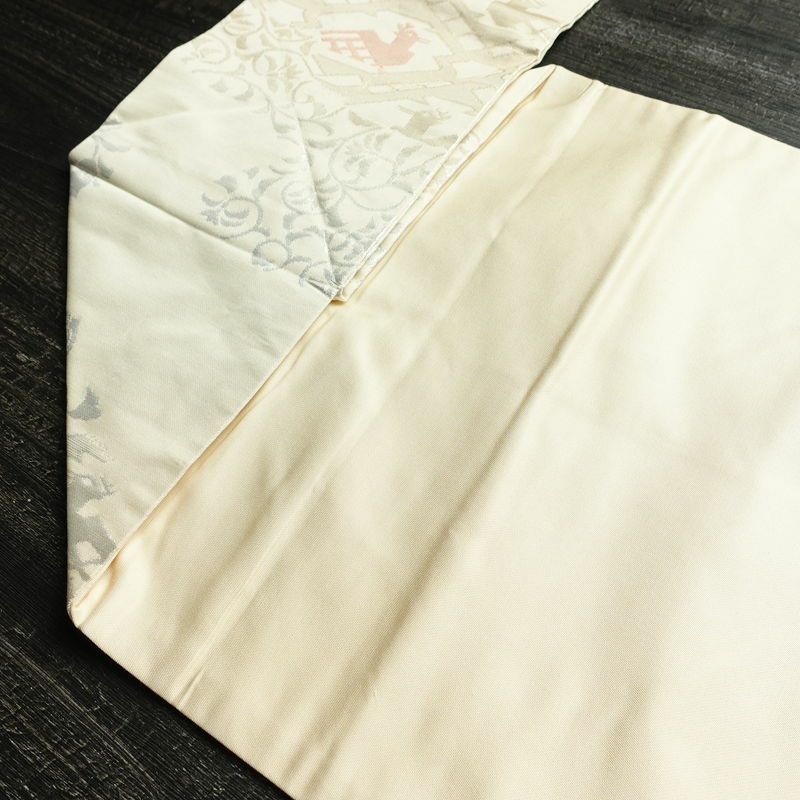 名古屋帯 六通柄 正絹 幾何学柄・抽象柄 名古屋仕立て なごや帯 リサイクル帯 帯 箔 モダン クリーム_画像19