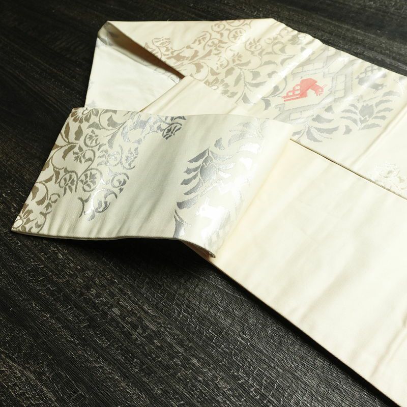 名古屋帯 六通柄 正絹 幾何学柄・抽象柄 名古屋仕立て なごや帯 リサイクル帯 帯 箔 モダン クリーム_画像21