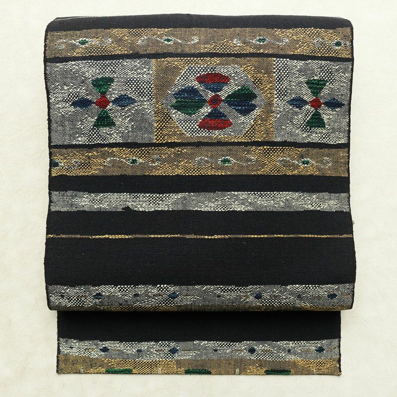 名古屋帯 六通柄 正絹 幾何学柄・抽象柄 名古屋仕立て なごや帯 リサイクル帯 帯 青・紺_画像1