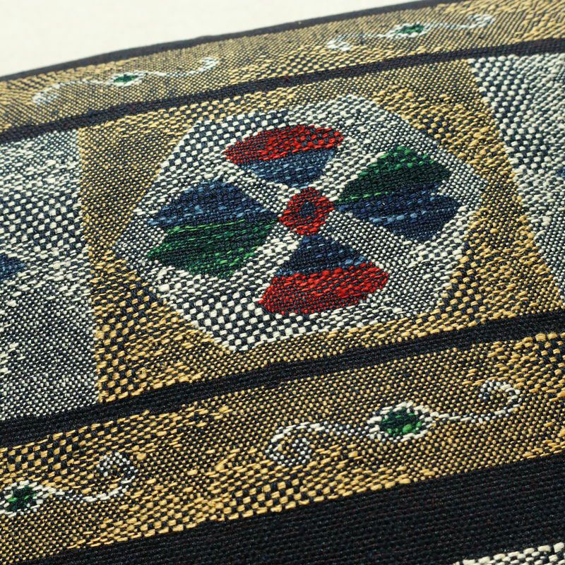 名古屋帯 六通柄 正絹 幾何学柄・抽象柄 名古屋仕立て なごや帯 リサイクル帯 帯 青・紺_画像3