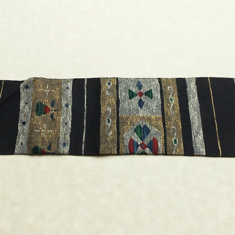 名古屋帯 六通柄 正絹 幾何学柄・抽象柄 名古屋仕立て なごや帯 リサイクル帯 帯 青・紺_画像14
