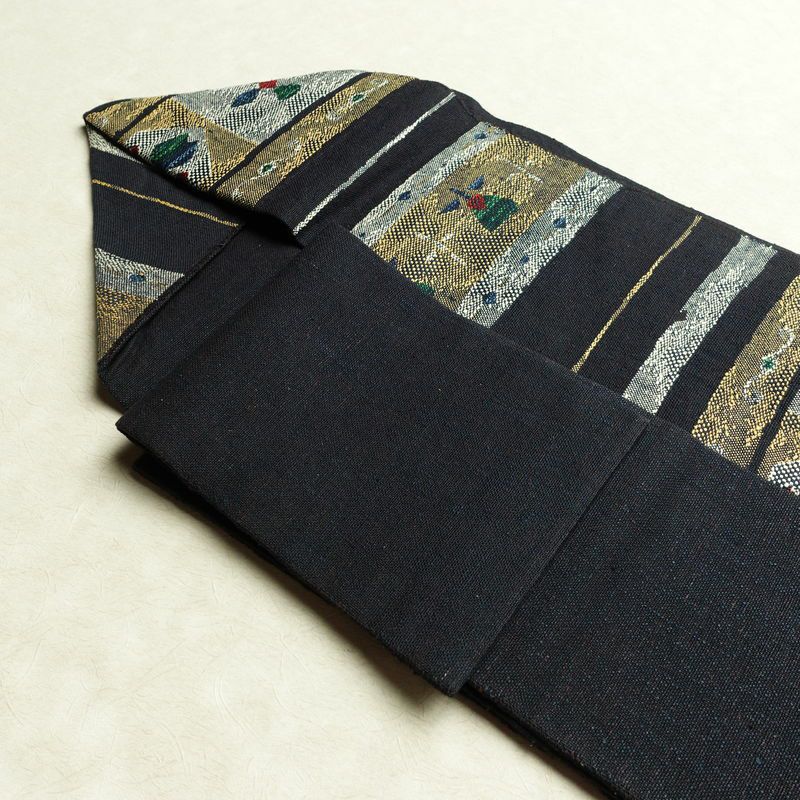 名古屋帯 六通柄 正絹 幾何学柄・抽象柄 名古屋仕立て なごや帯 リサイクル帯 帯 青・紺_画像21