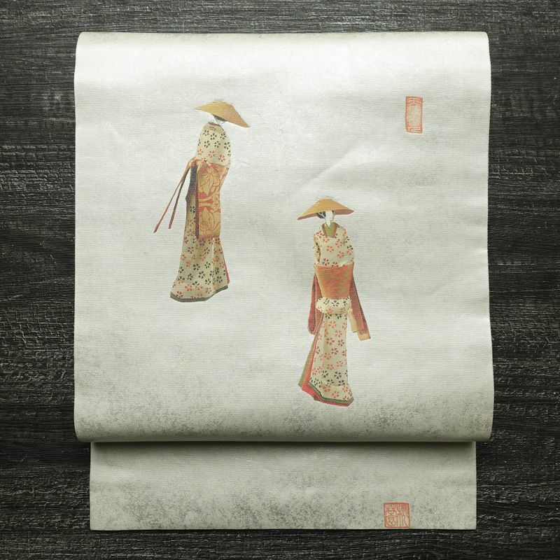 名古屋帯 太鼓柄 落款入り 正絹 人物・動物柄 名古屋仕立て なごや帯 リサイクル帯 帯 箔 緑・うぐいす色_画像1