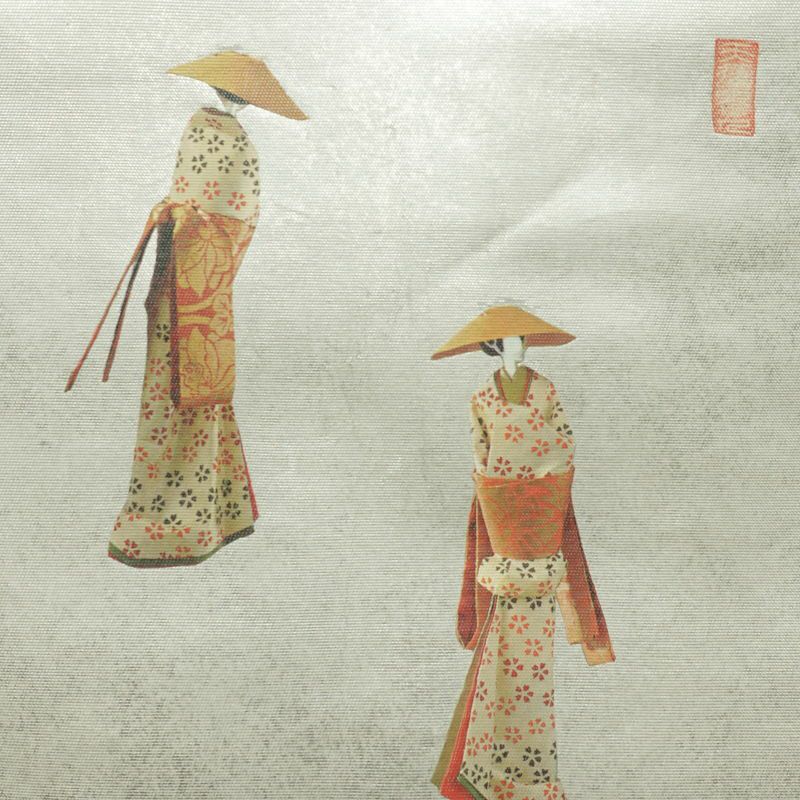 名古屋帯 太鼓柄 落款入り 正絹 人物・動物柄 名古屋仕立て なごや帯 リサイクル帯 帯 箔 緑・うぐいす色_画像2