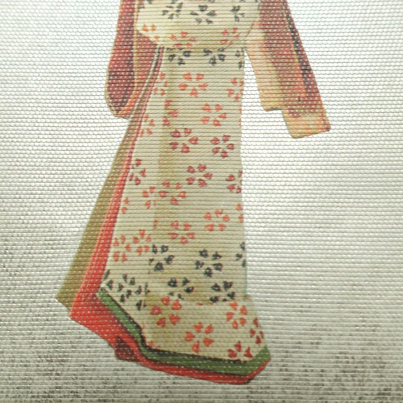 名古屋帯 太鼓柄 落款入り 正絹 人物・動物柄 名古屋仕立て なごや帯 リサイクル帯 帯 箔 緑・うぐいす色_画像4