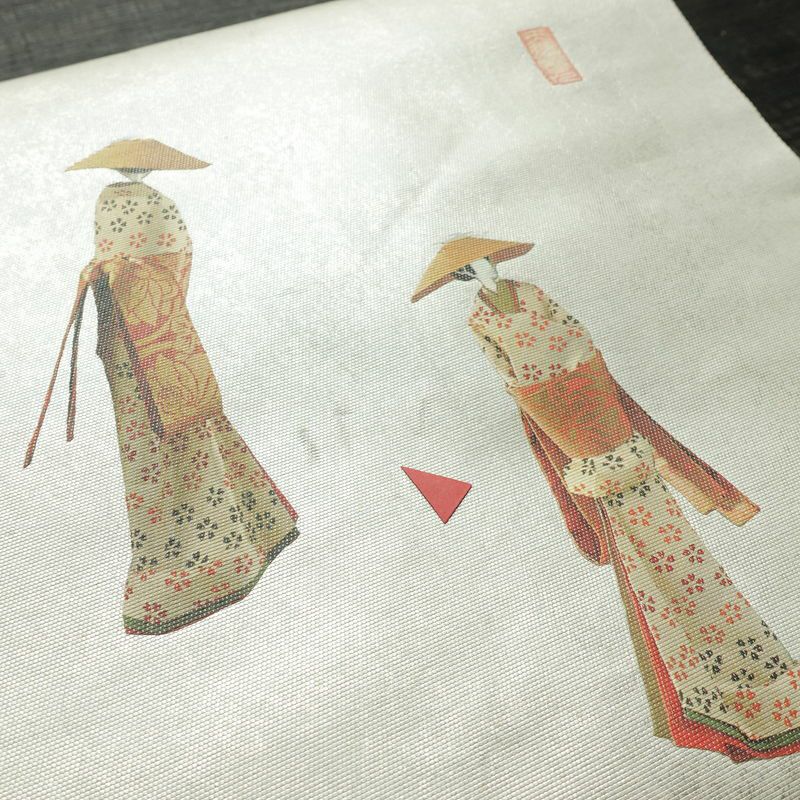 名古屋帯 太鼓柄 落款入り 正絹 人物・動物柄 名古屋仕立て なごや帯 リサイクル帯 帯 箔 緑・うぐいす色_画像5