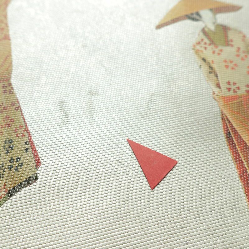 名古屋帯 太鼓柄 落款入り 正絹 人物・動物柄 名古屋仕立て なごや帯 リサイクル帯 帯 箔 緑・うぐいす色_画像6