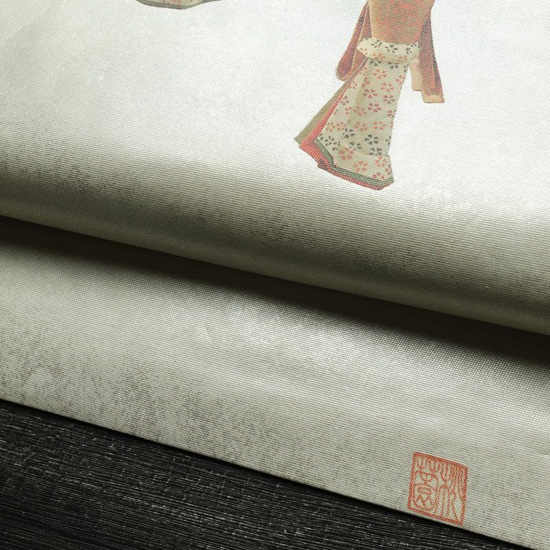 名古屋帯 太鼓柄 落款入り 正絹 人物・動物柄 名古屋仕立て なごや帯 リサイクル帯 帯 箔 緑・うぐいす色_画像8