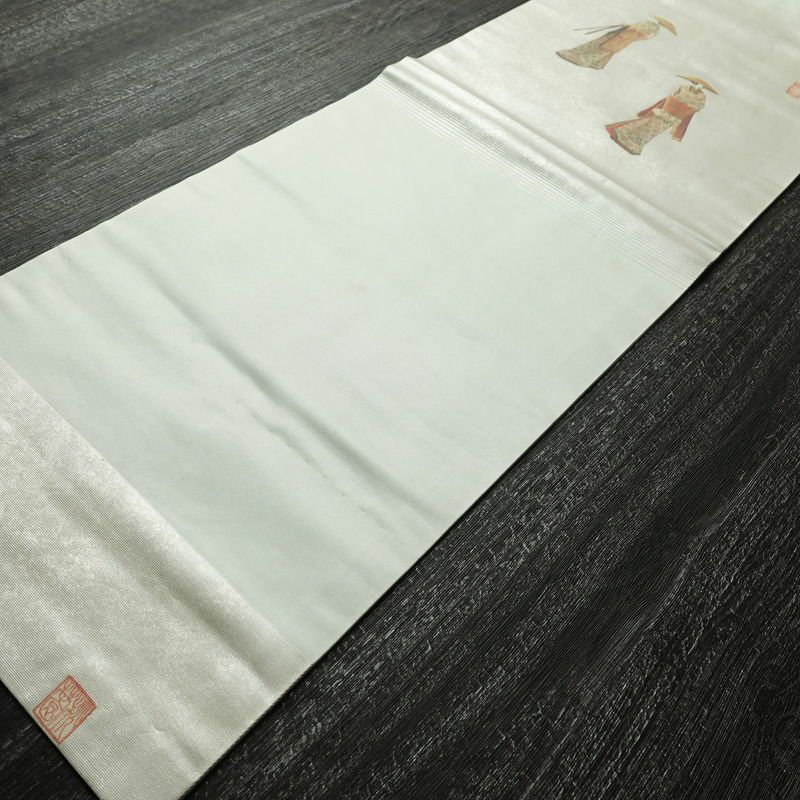 名古屋帯 太鼓柄 落款入り 正絹 人物・動物柄 名古屋仕立て なごや帯 リサイクル帯 帯 箔 緑・うぐいす色_画像10