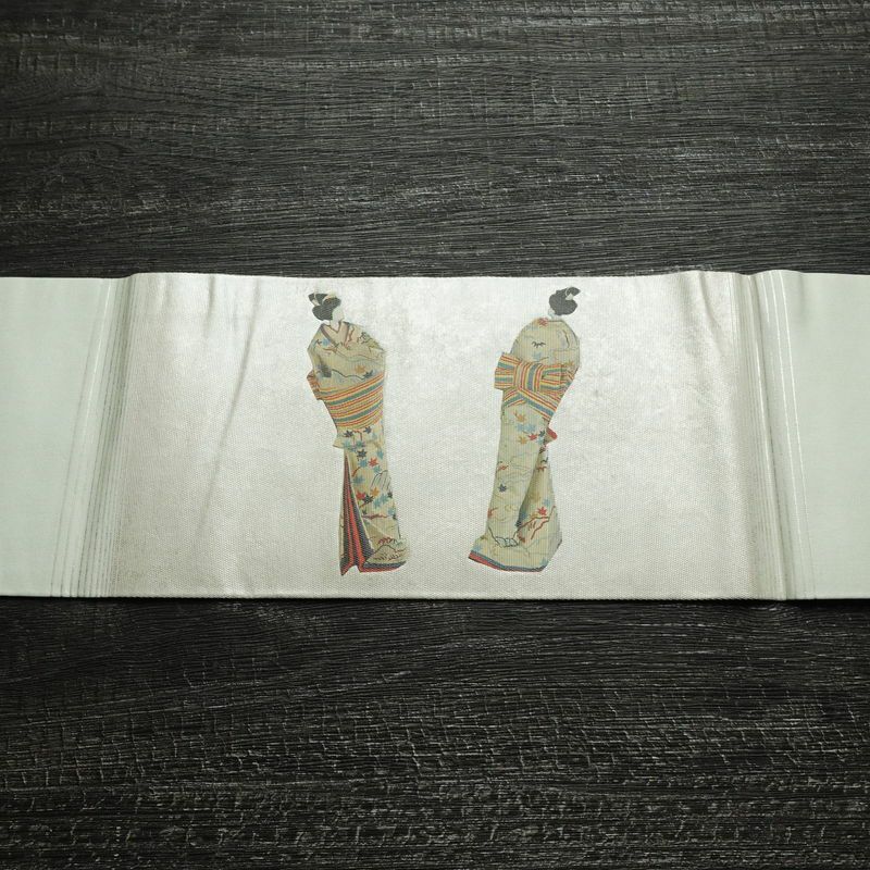 名古屋帯 太鼓柄 落款入り 正絹 人物・動物柄 名古屋仕立て なごや帯 リサイクル帯 帯 箔 緑・うぐいす色_画像13