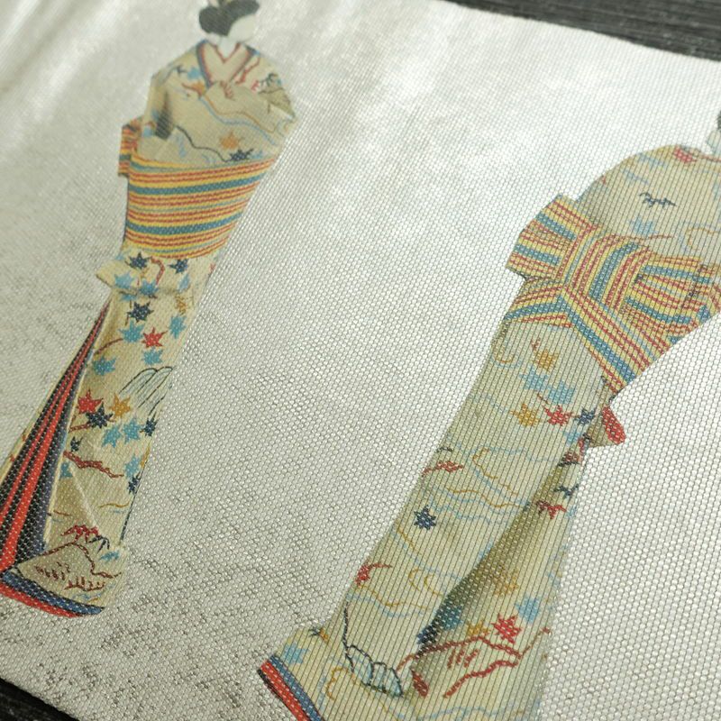 名古屋帯 太鼓柄 落款入り 正絹 人物・動物柄 名古屋仕立て なごや帯 リサイクル帯 帯 箔 緑・うぐいす色_画像14