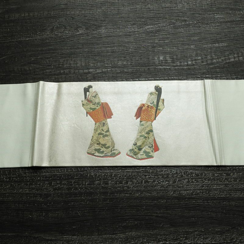 名古屋帯 太鼓柄 落款入り 正絹 人物・動物柄 名古屋仕立て なごや帯 リサイクル帯 帯 箔 緑・うぐいす色_画像15