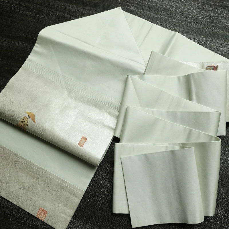 名古屋帯 太鼓柄 落款入り 正絹 人物・動物柄 名古屋仕立て なごや帯 リサイクル帯 帯 箔 緑・うぐいす色_画像19