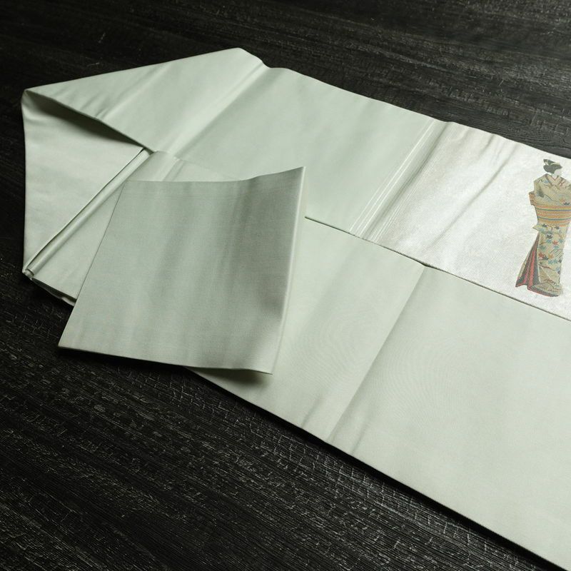 名古屋帯 太鼓柄 落款入り 正絹 人物・動物柄 名古屋仕立て なごや帯 リサイクル帯 帯 箔 緑・うぐいす色_画像21