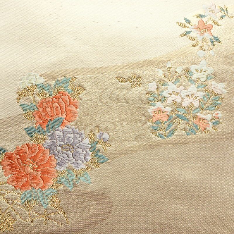名古屋帯 太鼓柄 正絹 花柄 名古屋仕立て なごや帯 リサイクル帯 帯 箔 金糸 クリーム_画像2