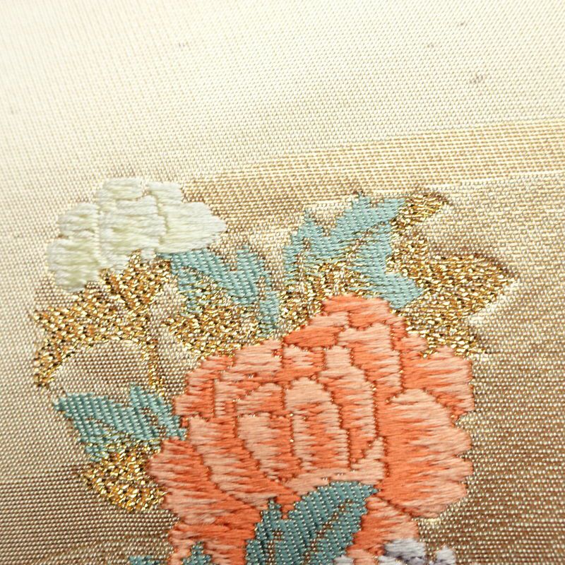 名古屋帯 太鼓柄 正絹 花柄 名古屋仕立て なごや帯 リサイクル帯 帯 箔 金糸 クリーム_画像5