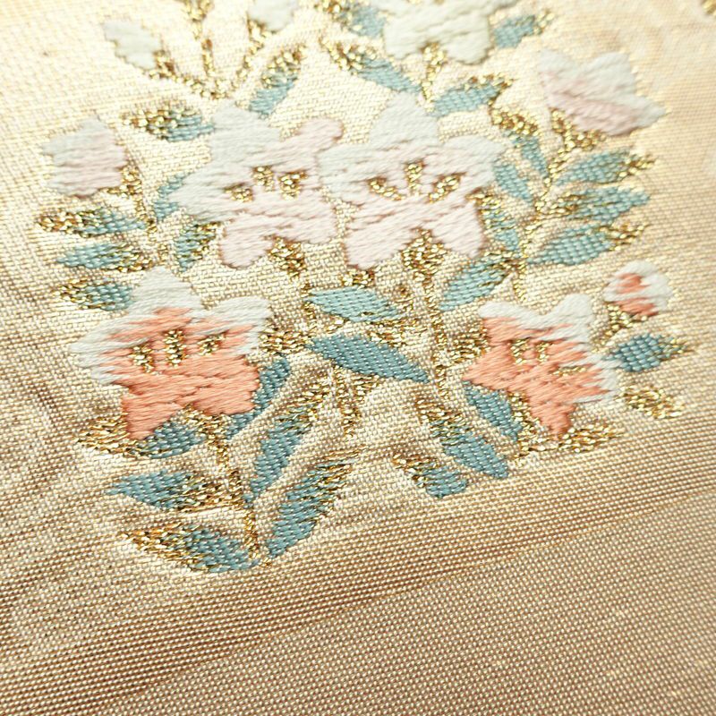 名古屋帯 太鼓柄 正絹 花柄 名古屋仕立て なごや帯 リサイクル帯 帯 箔 金糸 クリーム_画像6