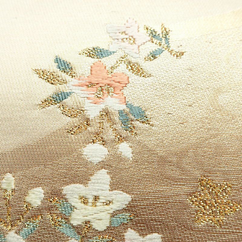 名古屋帯 太鼓柄 正絹 花柄 名古屋仕立て なごや帯 リサイクル帯 帯 箔 金糸 クリーム_画像7