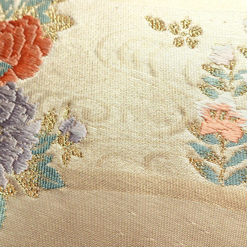 名古屋帯 太鼓柄 正絹 花柄 名古屋仕立て なごや帯 リサイクル帯 帯 箔 金糸 クリーム_画像8