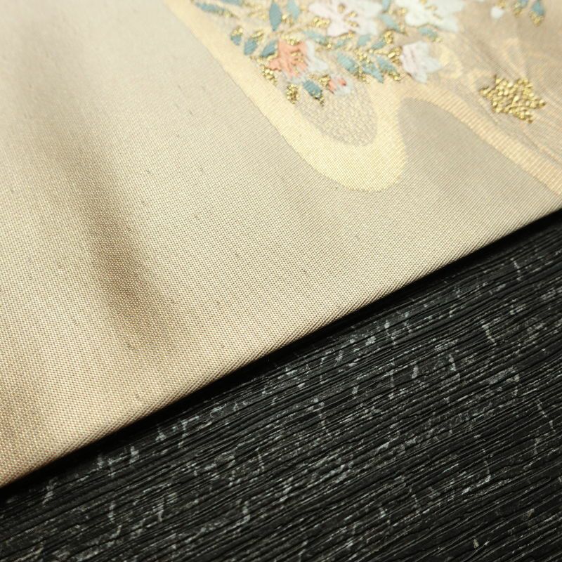 名古屋帯 太鼓柄 正絹 花柄 名古屋仕立て なごや帯 リサイクル帯 帯 箔 金糸 クリーム_画像13