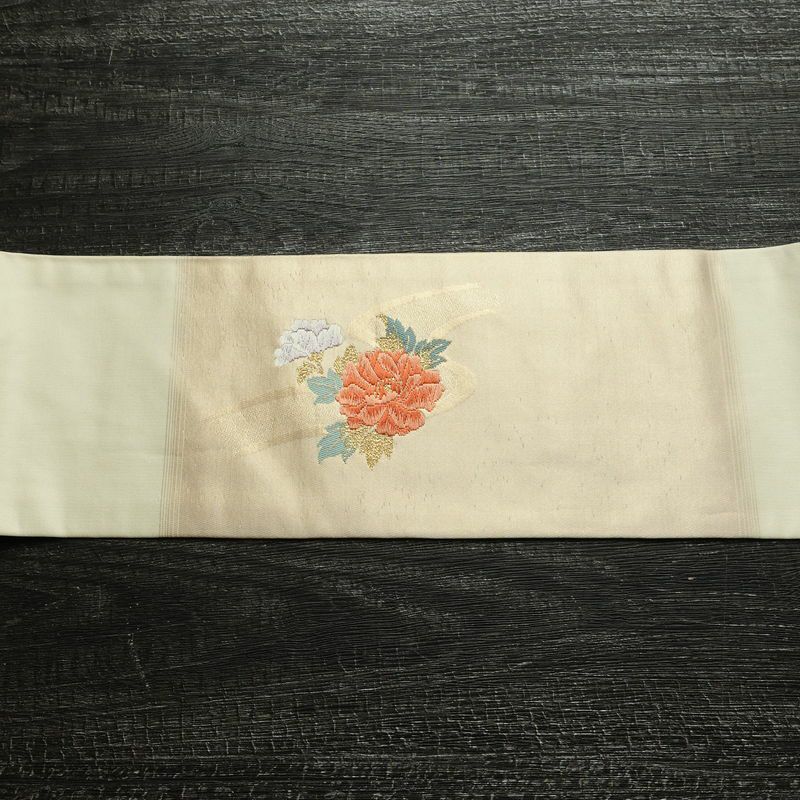 名古屋帯 太鼓柄 正絹 花柄 名古屋仕立て なごや帯 リサイクル帯 帯 箔 金糸 クリーム_画像14