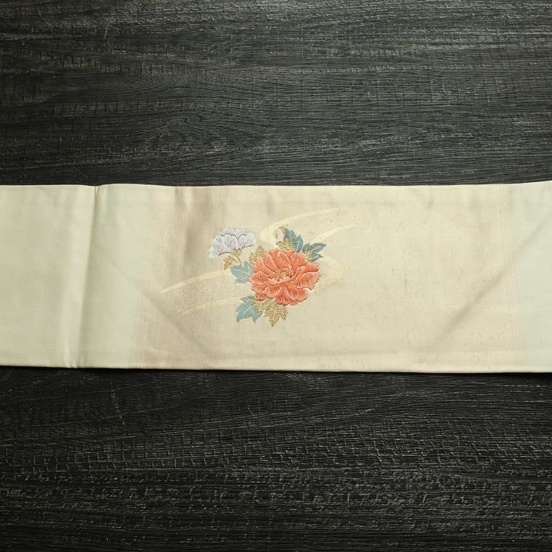 名古屋帯 太鼓柄 正絹 花柄 名古屋仕立て なごや帯 リサイクル帯 帯 箔 金糸 クリーム_画像15