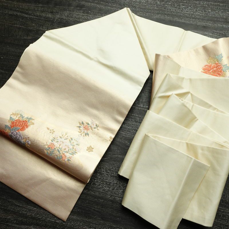 名古屋帯 太鼓柄 正絹 花柄 名古屋仕立て なごや帯 リサイクル帯 帯 箔 金糸 クリーム_画像17