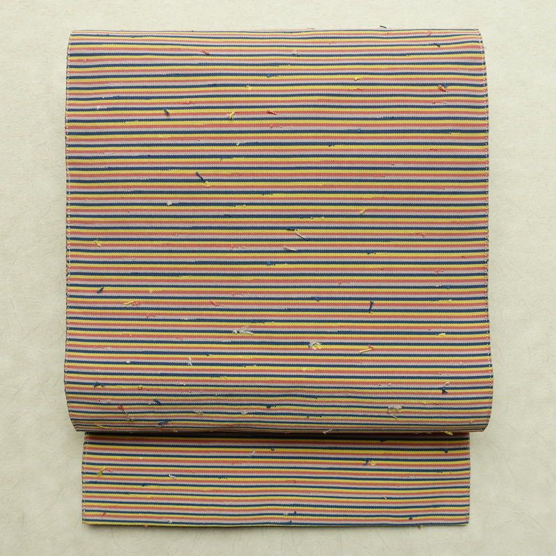 名古屋帯 髭紬 全通柄 美品 正絹 縞柄・線柄 通し仕立て なごや帯 リサイクル帯 帯 多色使い_画像1
